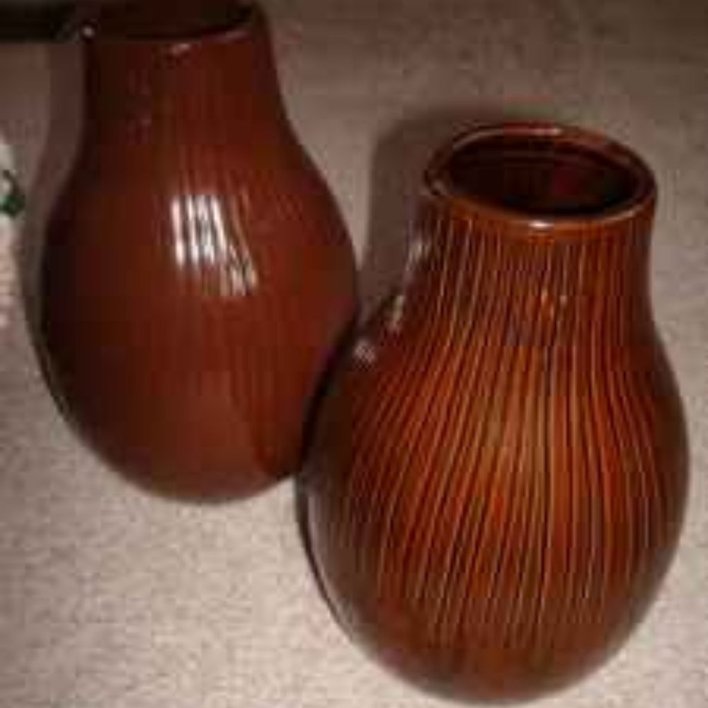 Pair of Brown Vases w/Silk Rose Bouquets